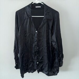 Black Satin Button-Up Blouse
